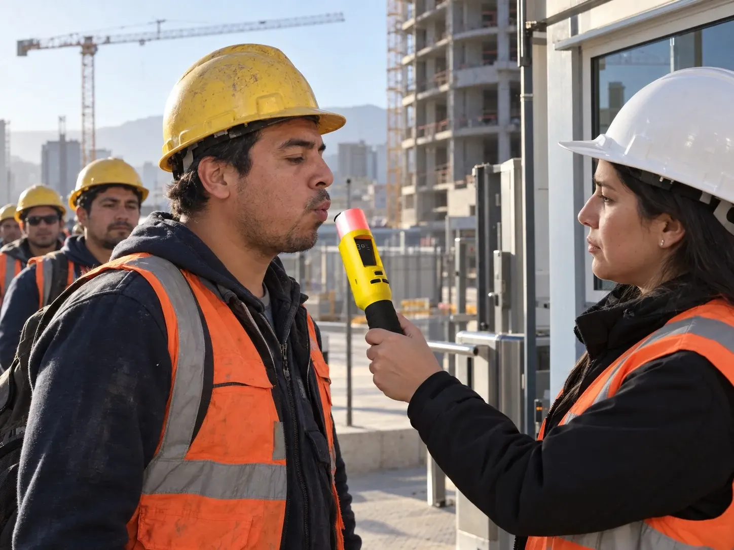 Prevencionista controla con un alcotest a un trabajador de la construcción en el acceso a la obra, con una grúa torre al fondo.
