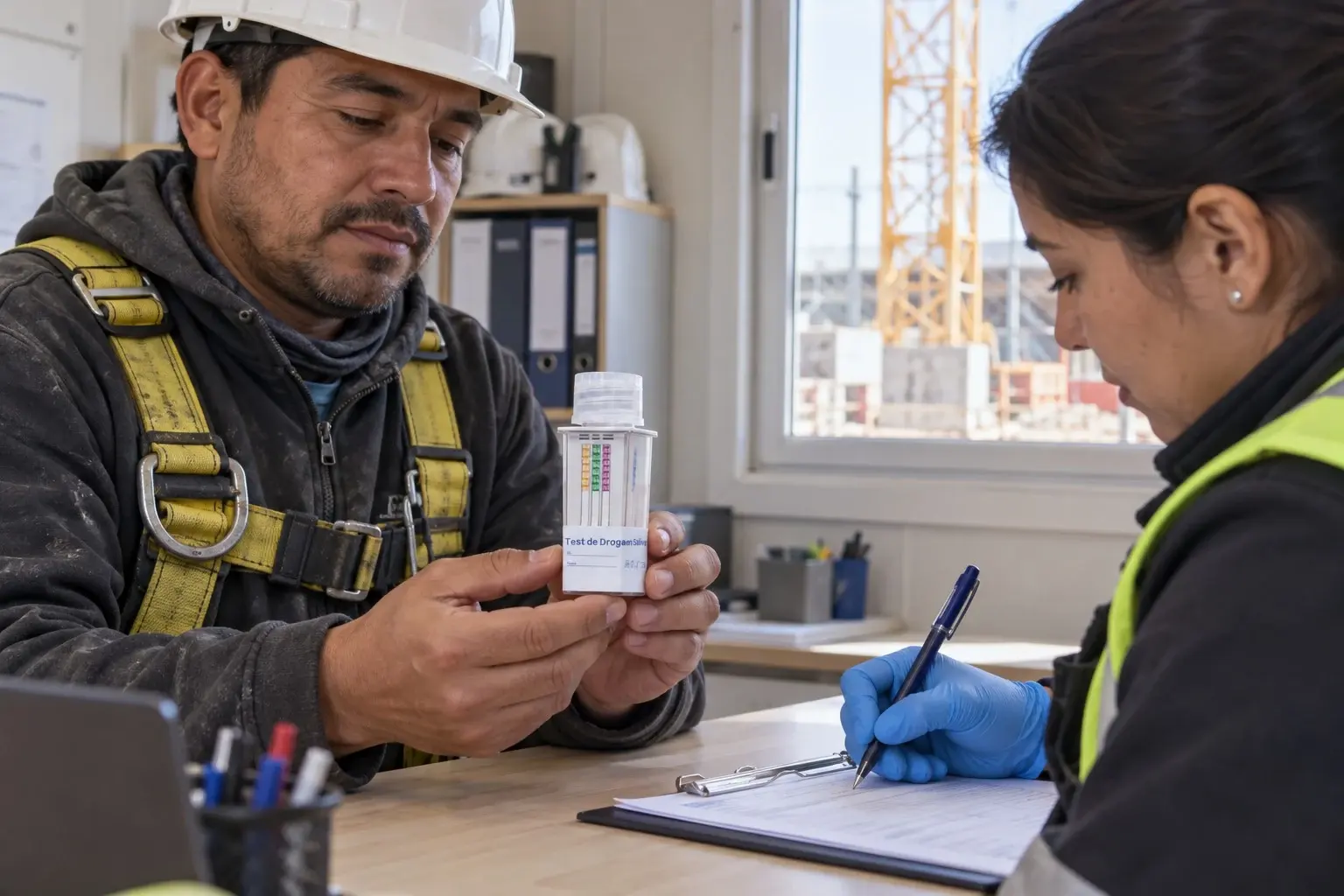 Trabajador con casco y arnés muestra su test de drogas en saliva en la oficina de la obra, mientras la prevencionista registra el resultado.