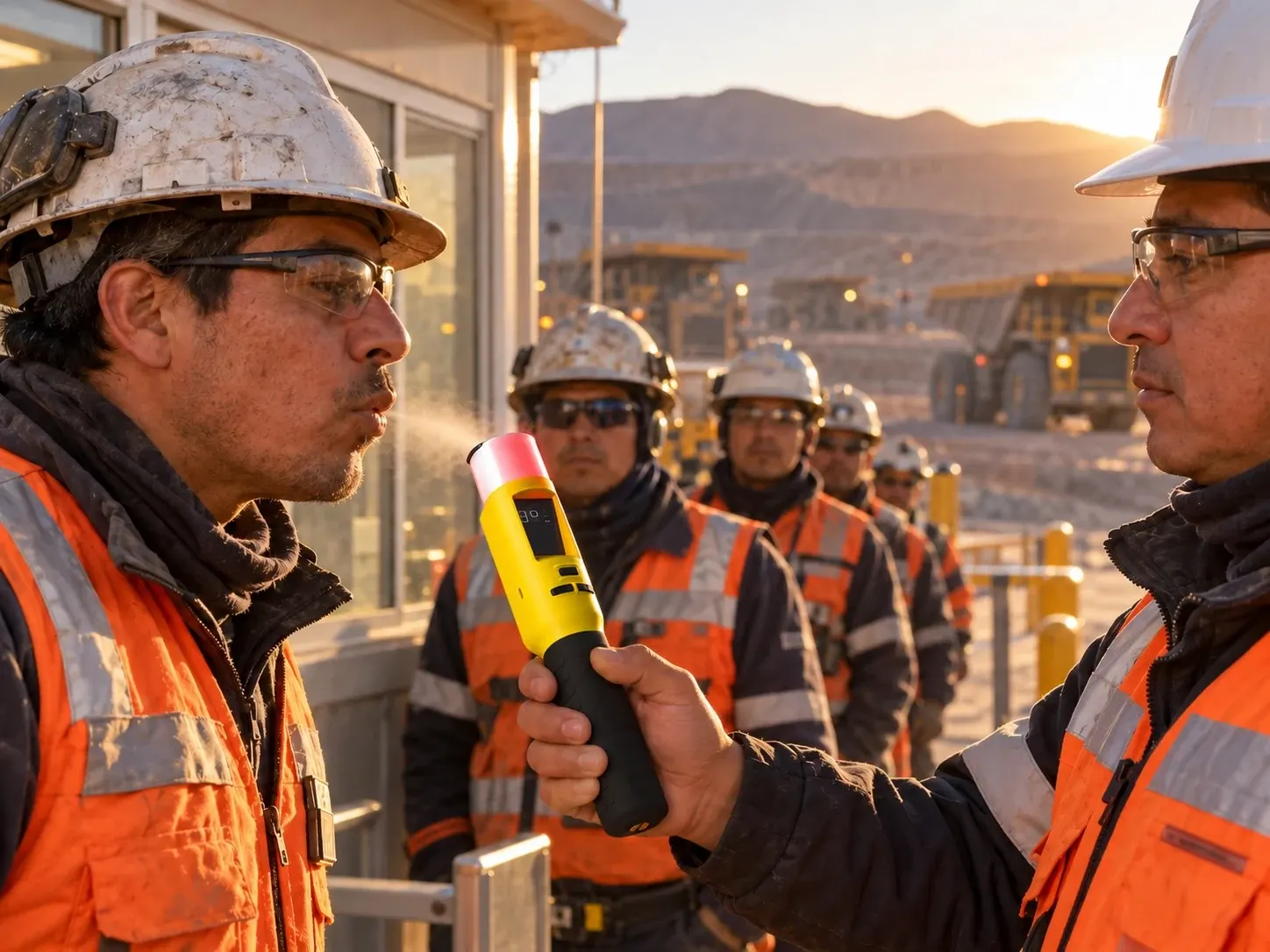 Supervisor controla con un alcotest a un trabajador minero en la garita de la faena, mientras otros esperan su turno al amanecer.